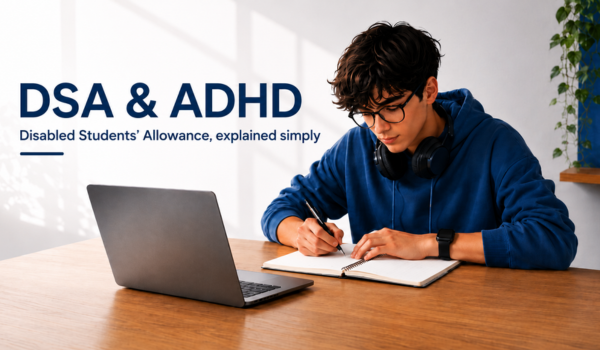Student studying at a desk beside the text “DSA & ADHD: Disabled Students’ Allowance, explained simply”.