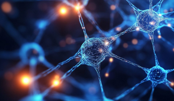 llustration of glowing blue neurons connected by branching neural pathways.